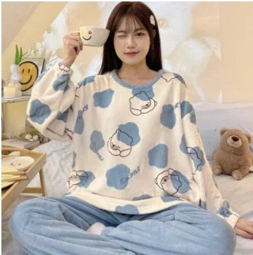 Pajamas Set- Fleece 2-Piece Pajama Set Winter Nights Sleepwear- Pattern4- IndioGear Women Clothing