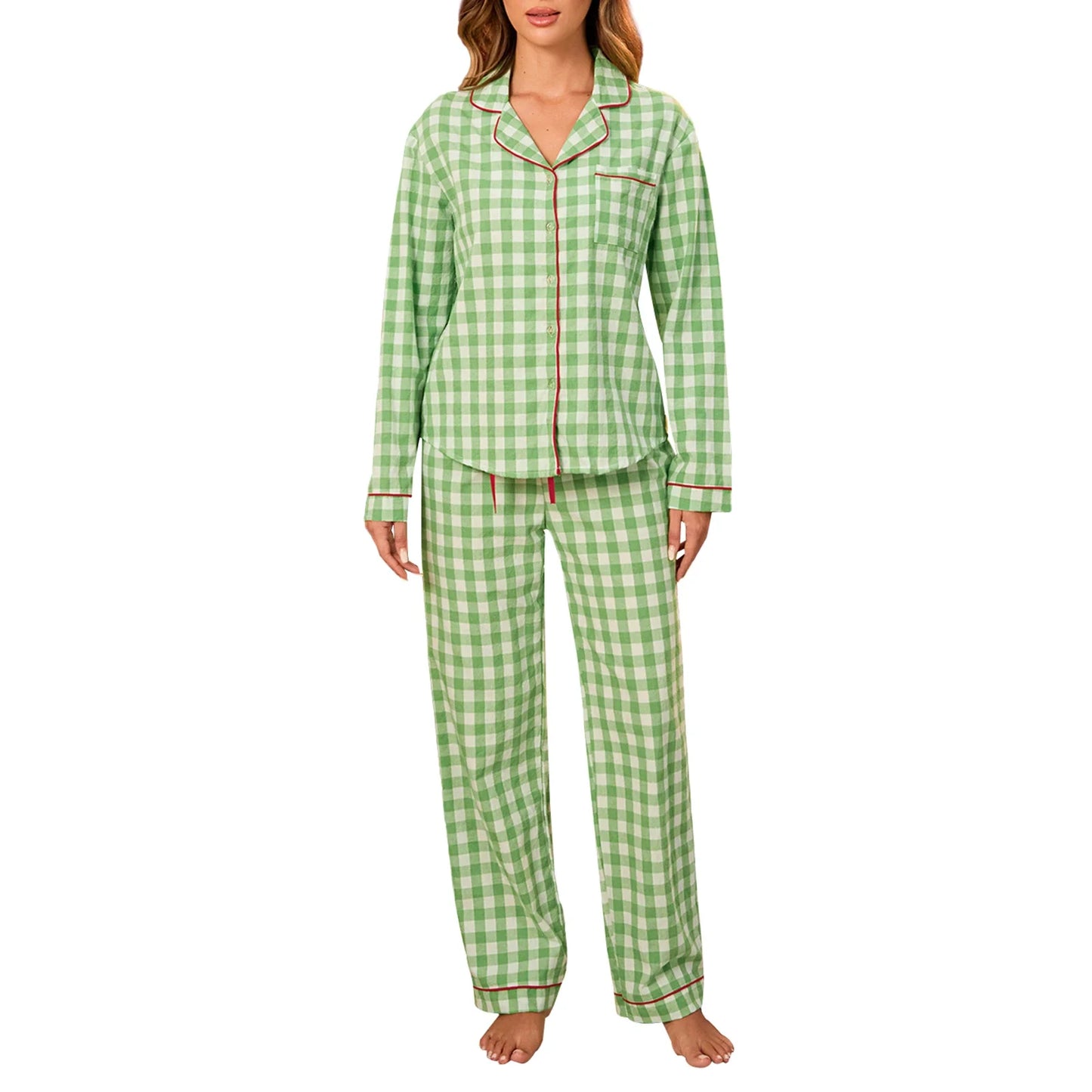 Pajamas Set- Full Body 2 Piece Matching Set Pajamas – Green Pea Plaid Pajamas- Green- IndioGear.com