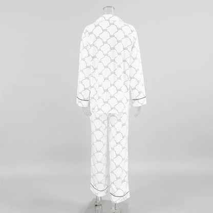 Pajamas Set- Monochrome Pajama Set Button-Down Shirt and Pants Sleepwear- - IndioGear Women Clothing