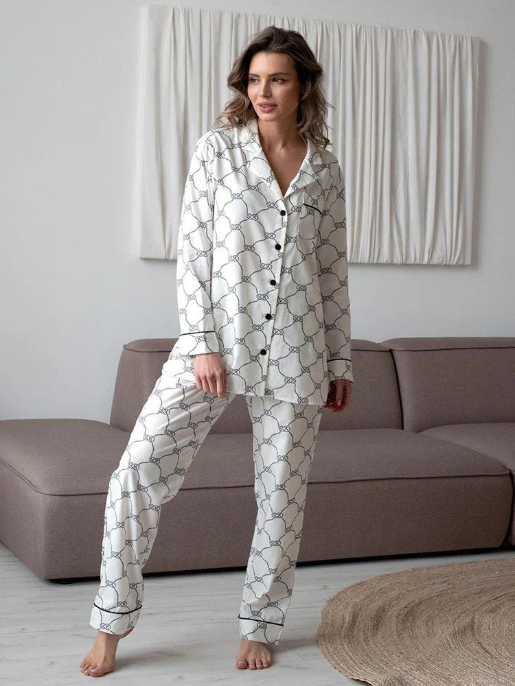 Pajamas Set- Monochrome Pajama Set Button-Down Shirt and Pants Sleepwear- White- IndioGear Women Clothing