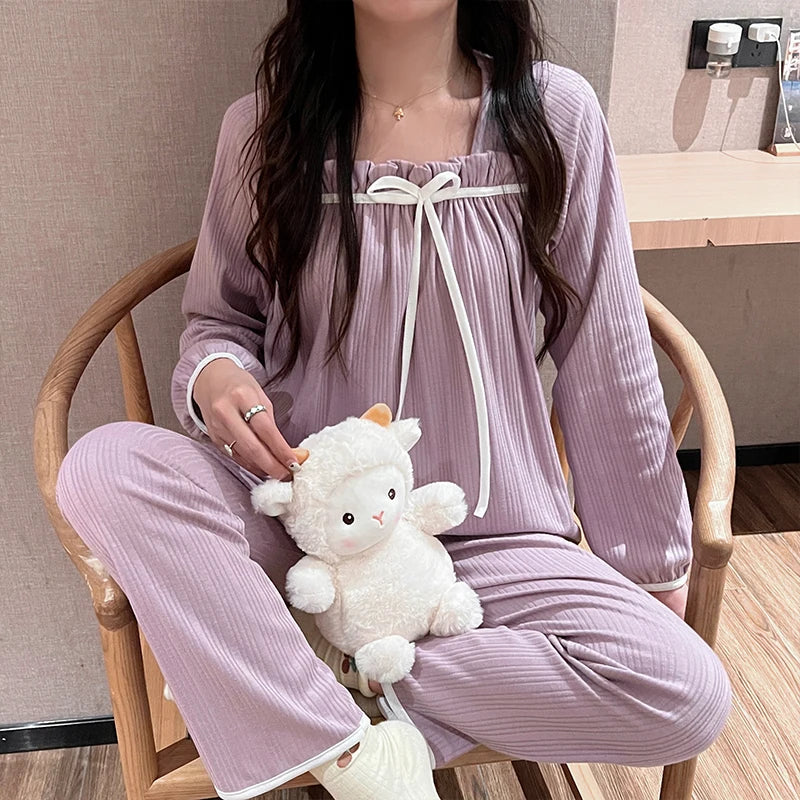 Pajamas Set- Pleated Loungewear Pajama Set Women PJs- Lavender- IndioGear Women Clothing