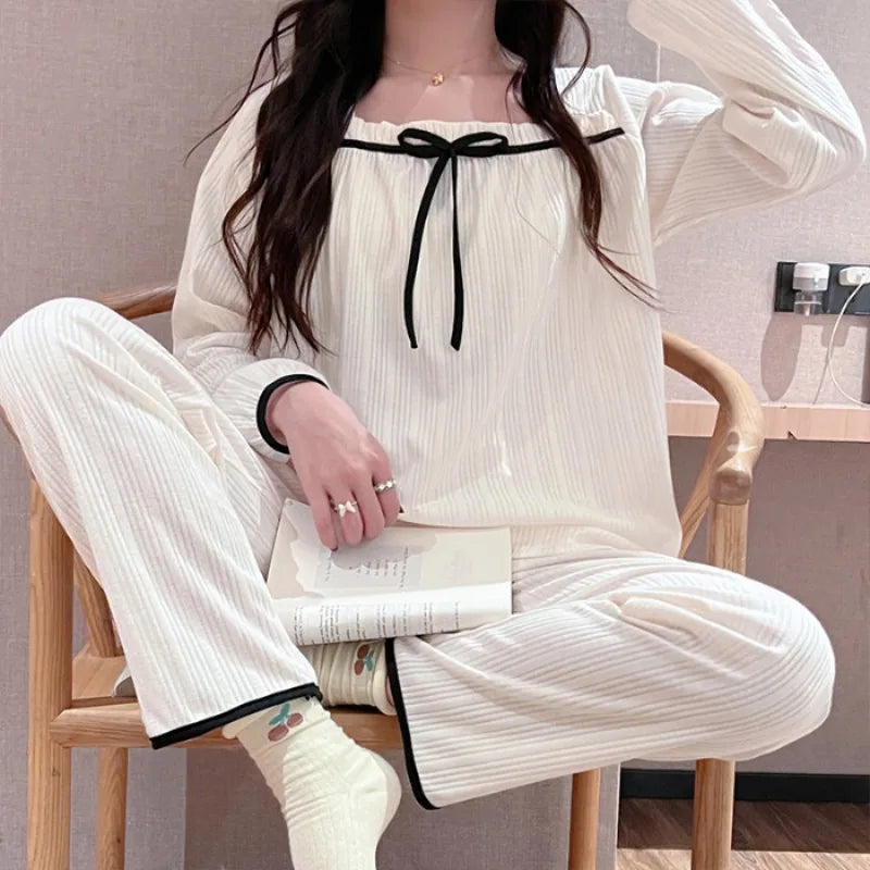 Pajamas Set- Pleated Loungewear Pajama Set Women PJs- White- IndioGear Women Clothing