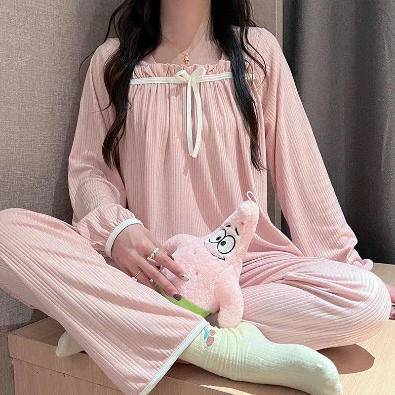 Pajamas Set- Pleated Loungewear Pajama Set Women PJs- Pink- IndioGear Women Clothing