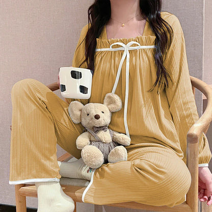 Pajamas Set- Pleated Loungewear Pajama Set Women PJs- Champagne- IndioGear Women Clothing