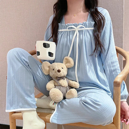 Pajamas Set- Pleated Loungewear Pajama Set Women PJs- Blue- IndioGear Women Clothing