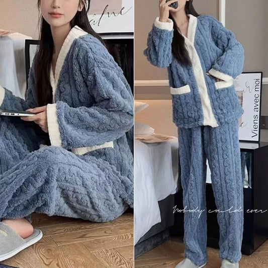 Pajamas Set- Plush Winter Sleepwear Set for Women Cable Knit Fleece Pajamas- - IndioGear Women Clothing