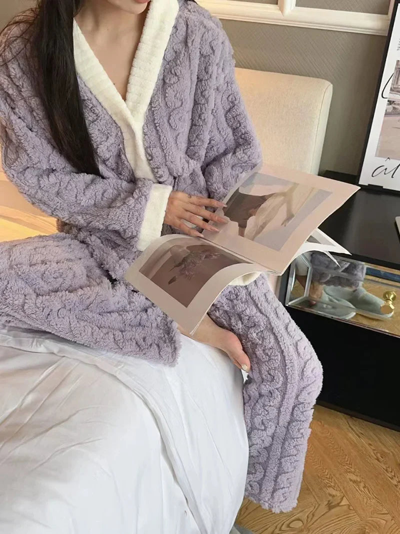 Pajamas Set- Plush Winter Sleepwear Set for Women Cable Knit Fleece Pajamas- - IndioGear Women Clothing