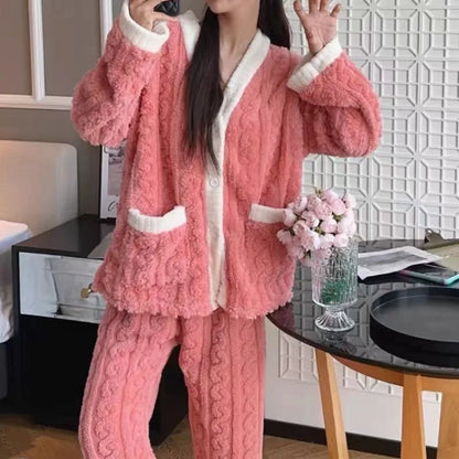 Pajamas Set- Plush Winter Sleepwear Set for Women Cable Knit Fleece Pajamas- Pink- IndioGear Women Clothing