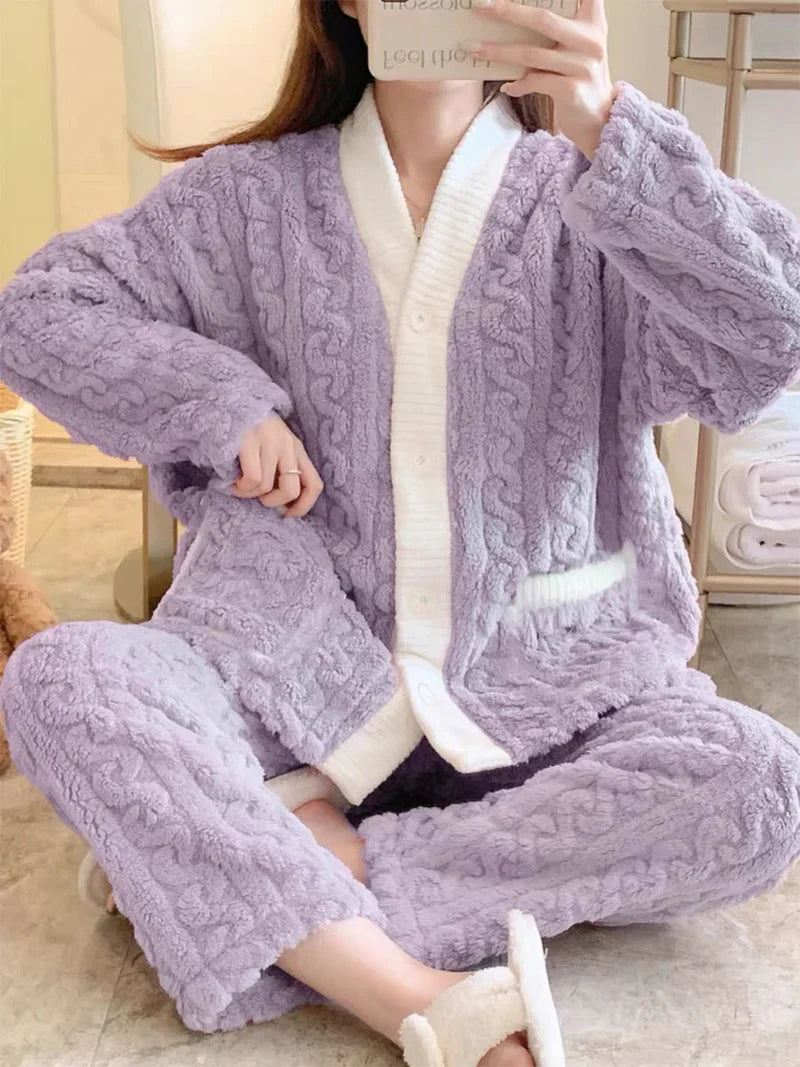 Pajamas Set- Plush Winter Sleepwear Set for Women Cable Knit Fleece Pajamas- - IndioGear Women Clothing