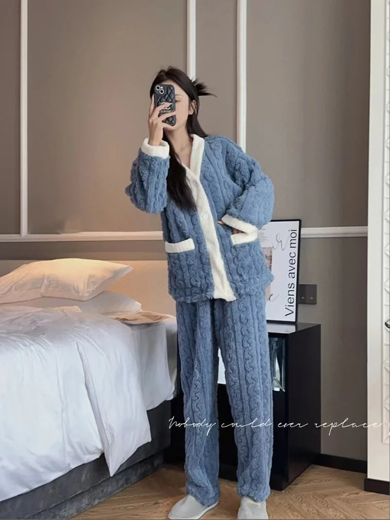 Pajamas Set- Plush Winter Sleepwear Set for Women Cable Knit Fleece Pajamas- - IndioGear Women Clothing