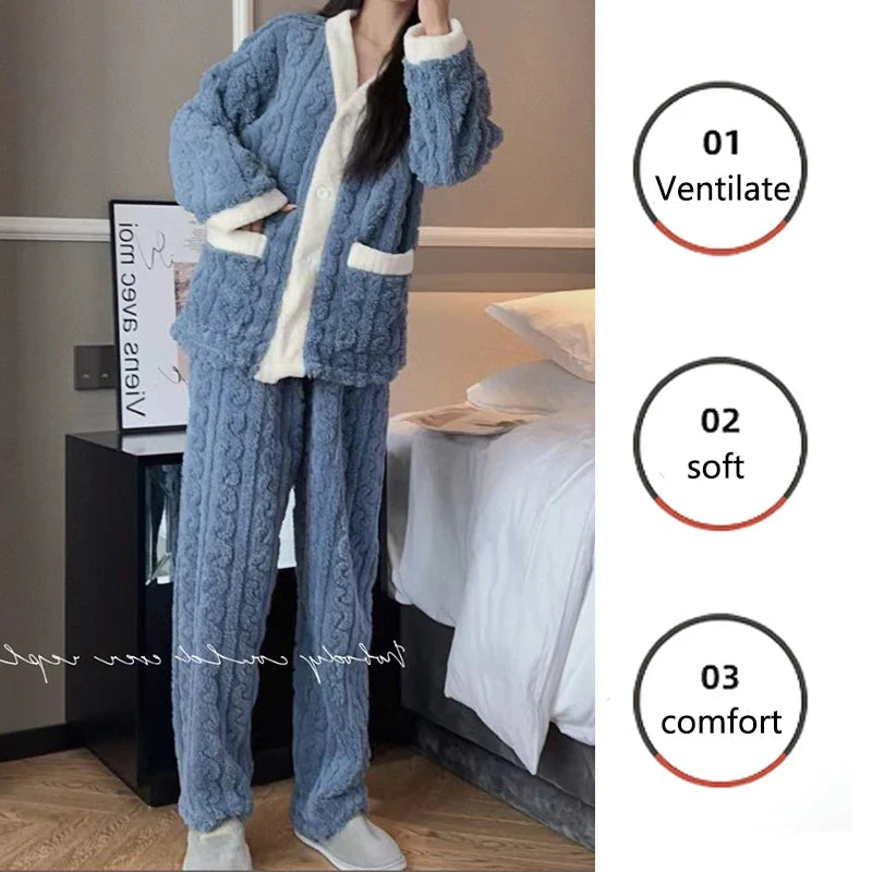 Pajamas Set- Plush Winter Sleepwear Set for Women Cable Knit Fleece Pajamas- - IndioGear Women Clothing