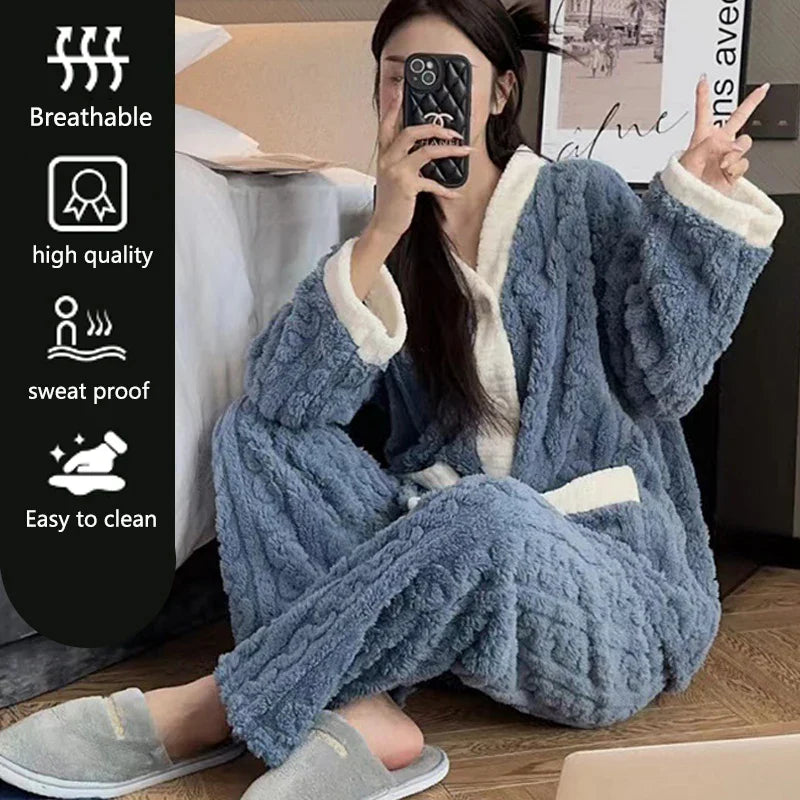 Pajamas Set- Plush Winter Sleepwear Set for Women Cable Knit Fleece Pajamas- - IndioGear Women Clothing