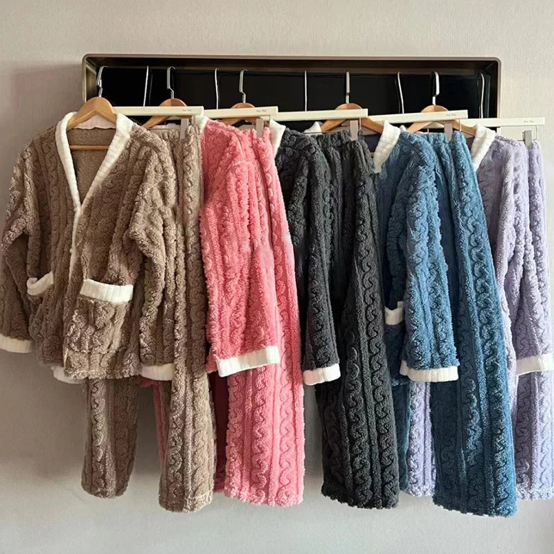 Pajamas Set- Plush Winter Sleepwear Set for Women Cable Knit Fleece Pajamas- - IndioGear Women Clothing