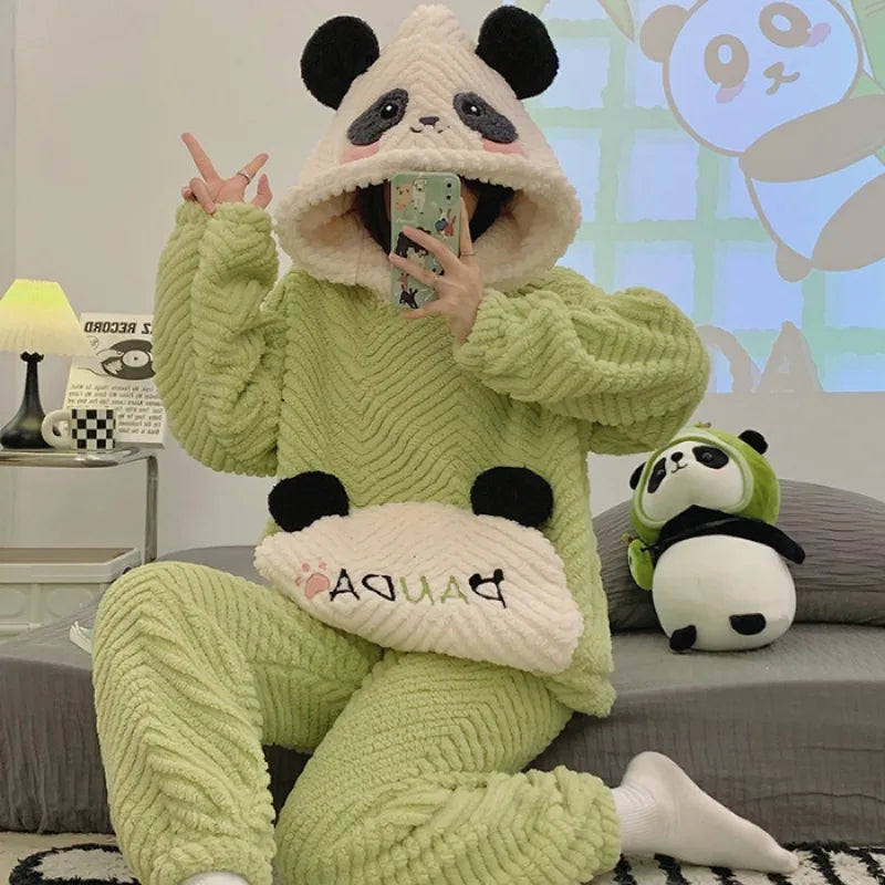 Pajamas Set- Winter Nights Strawberry Plush Pajamas Fleece Sleepwear Set- Green 2- IndioGear Women Clothing