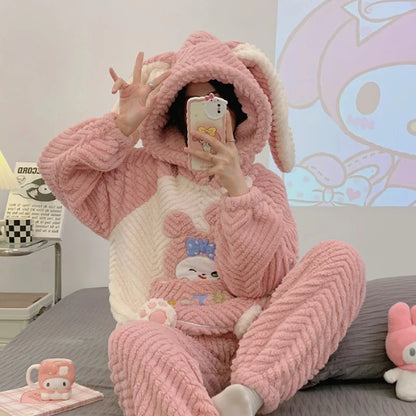 Pajamas Set- Winter Nights Strawberry Plush Pajamas Fleece Sleepwear Set- Pink 2- IndioGear Women Clothing