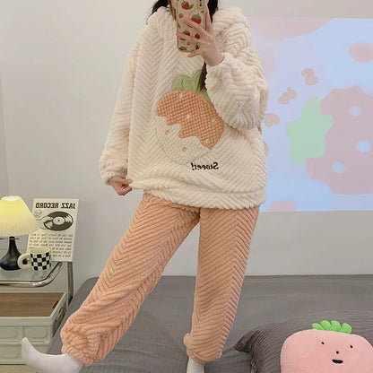 Pajamas Set- Winter Nights Strawberry Plush Pajamas Fleece Sleepwear Set- Melon- IndioGear Women Clothing