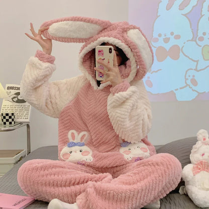 Pajamas Set- Winter Nights Strawberry Plush Pajamas Fleece Sleepwear Set- Pink- IndioGear Women Clothing