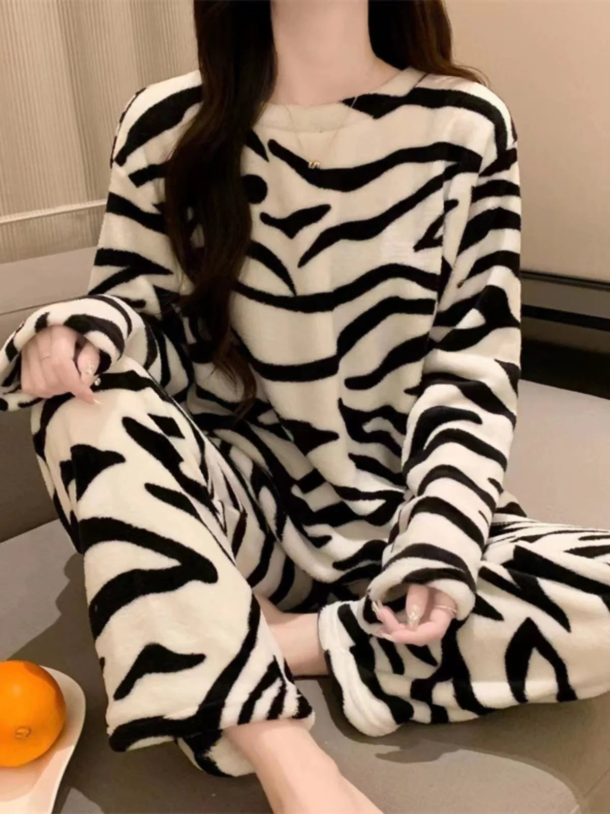 Pajamas Set- Zebra Print Cozy Fleece Pajama Set Winter Plush Sleepwear- - IndioGear Women Clothing