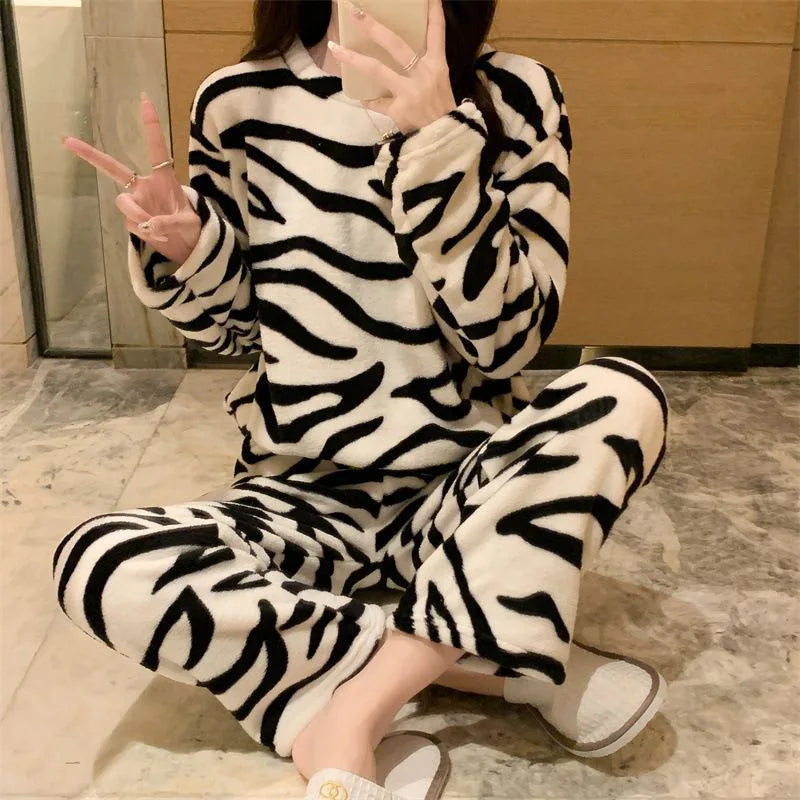 Pajamas Set- Zebra Print Cozy Fleece Pajama Set Winter Plush Sleepwear- - IndioGear Women Clothing