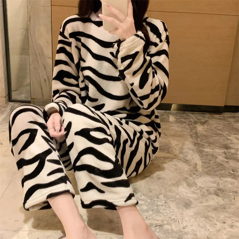 Pajamas Set- Zebra Print Cozy Fleece Pajama Set Winter Plush Sleepwear- - IndioGear Women Clothing