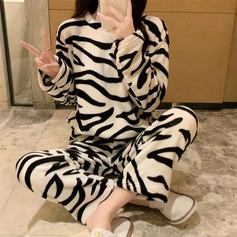 Pajamas Set- Zebra Print Cozy Fleece Pajama Set Winter Plush Sleepwear- Black- IndioGear Women Clothing