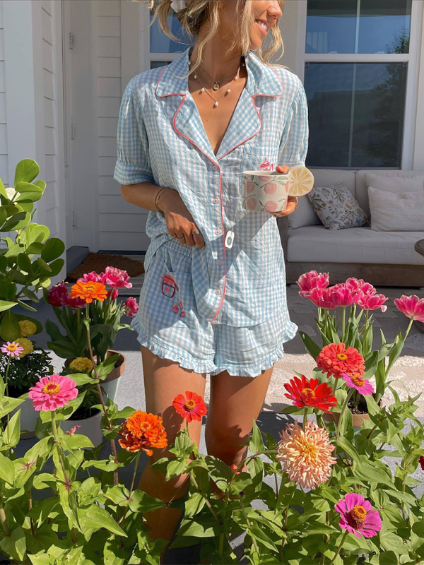 Pajamas- Tea-Timed Embroidery Pajama Set Gingham Loungewear- - IndioGear.com