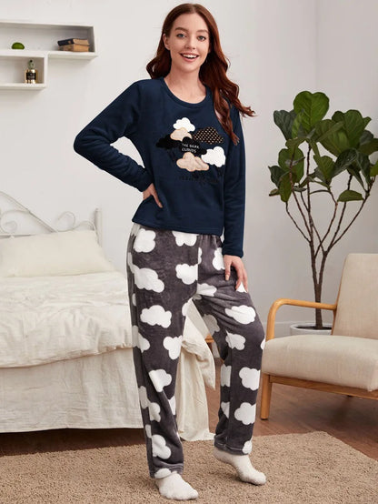 Pajamas - Velvet Fleece Pajamas Loungewear 2 Piece Set Thermal Nightwear