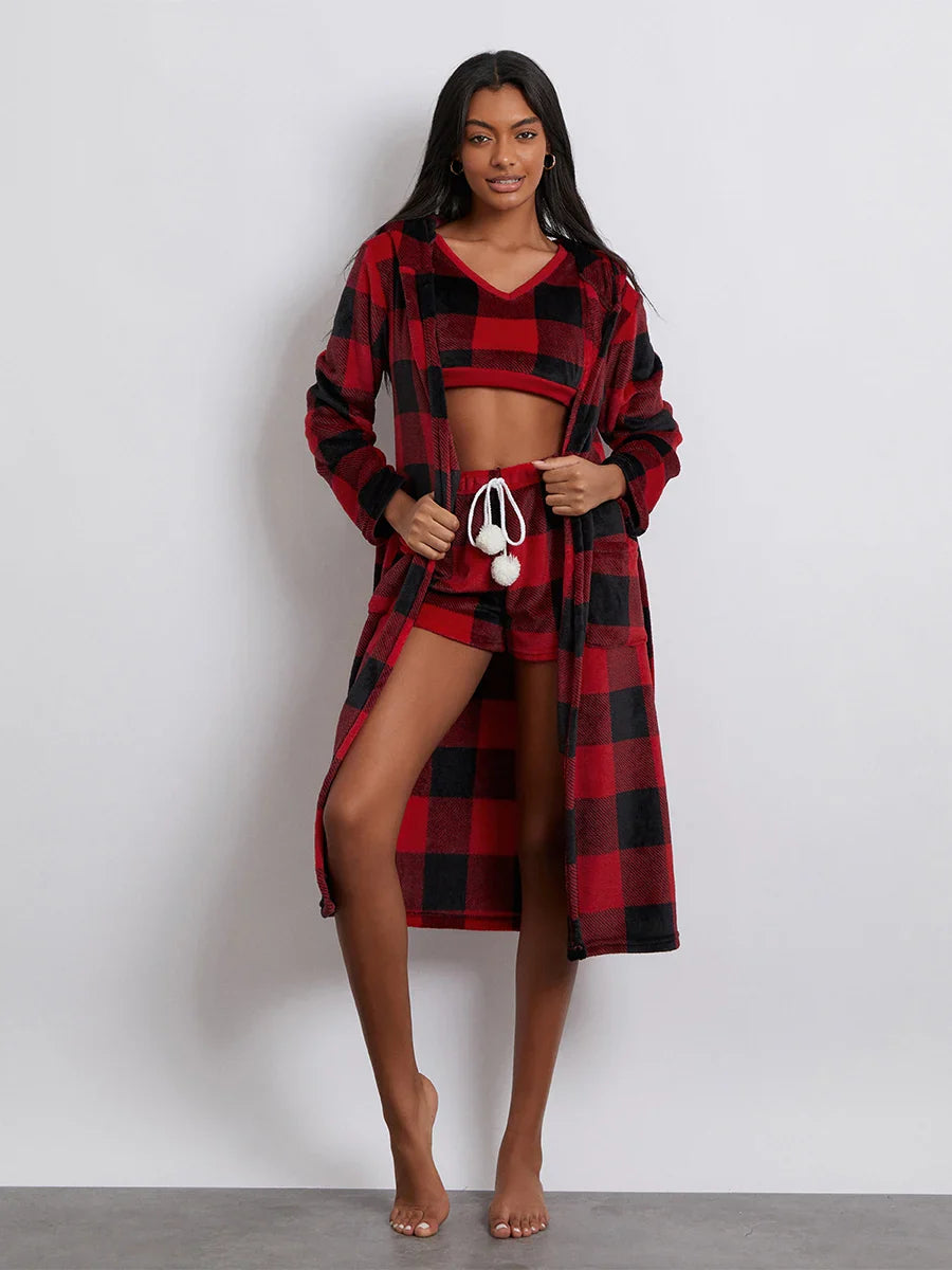 Pajamas- Women 3-Piece Buffalo Plaid Lounge Pajama Set with Robe- - IndioGear.com