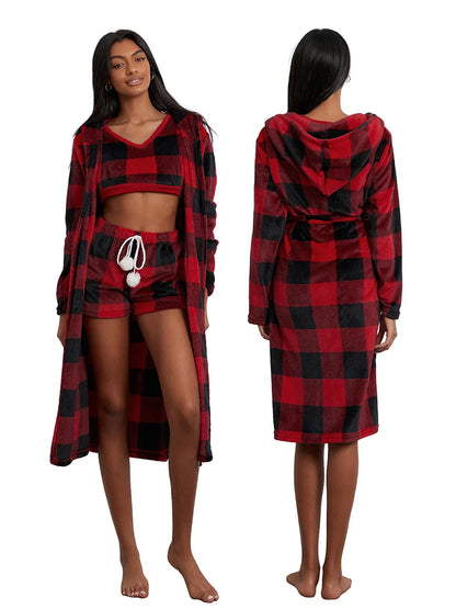 Pajamas- Women 3-Piece Buffalo Plaid Lounge Pajama Set with Robe- - IndioGear.com