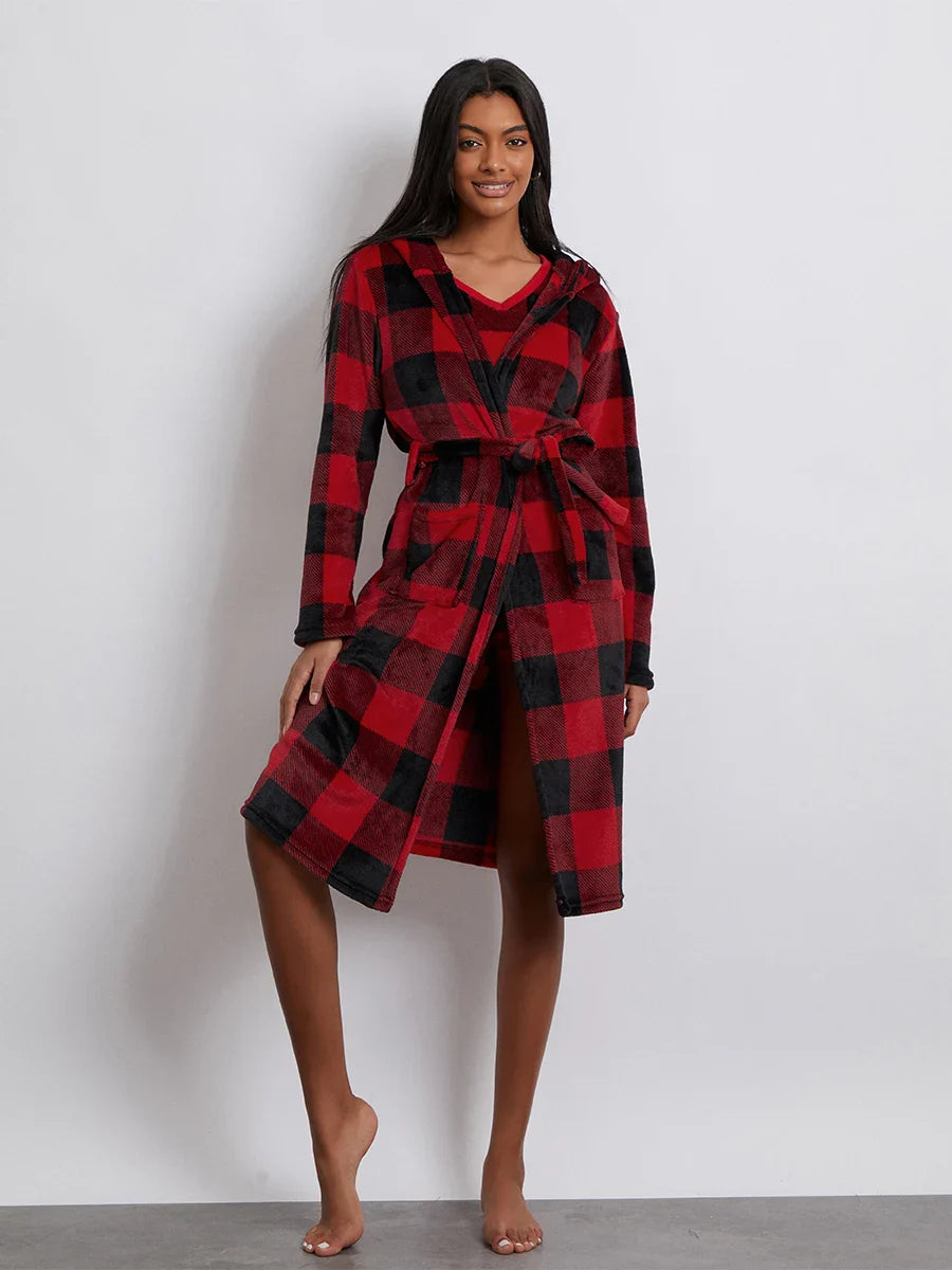 Pajamas- Women 3-Piece Buffalo Plaid Lounge Pajama Set with Robe- - IndioGear.com