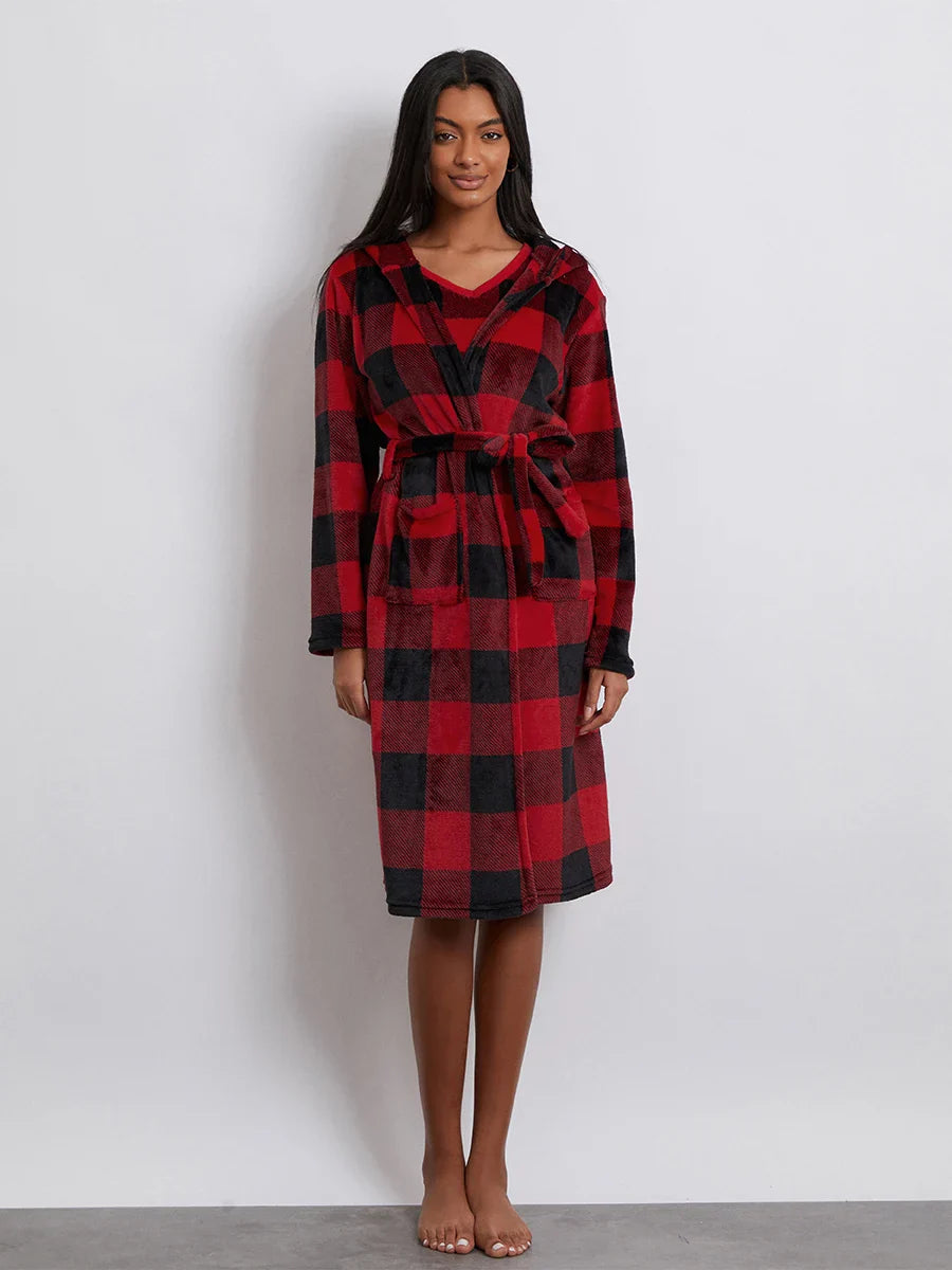 Pajamas- Women 3-Piece Buffalo Plaid Lounge Pajama Set with Robe- - IndioGear.com