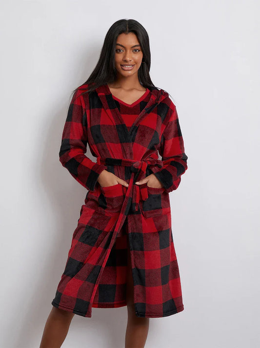 Pajamas- Women 3-Piece Buffalo Plaid Lounge Pajama Set with Robe- - IndioGear.com