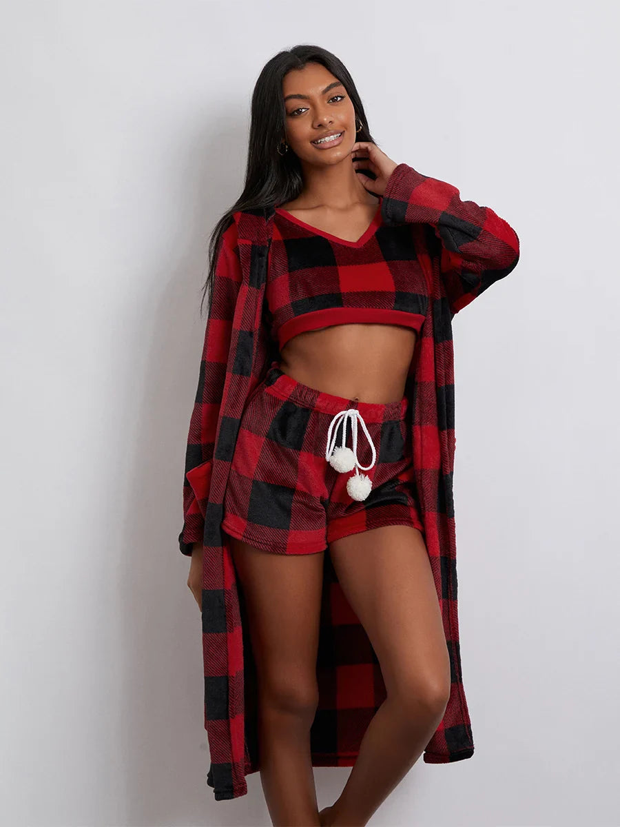 Pajamas- Women 3-Piece Buffalo Plaid Lounge Pajama Set with Robe- - IndioGear.com