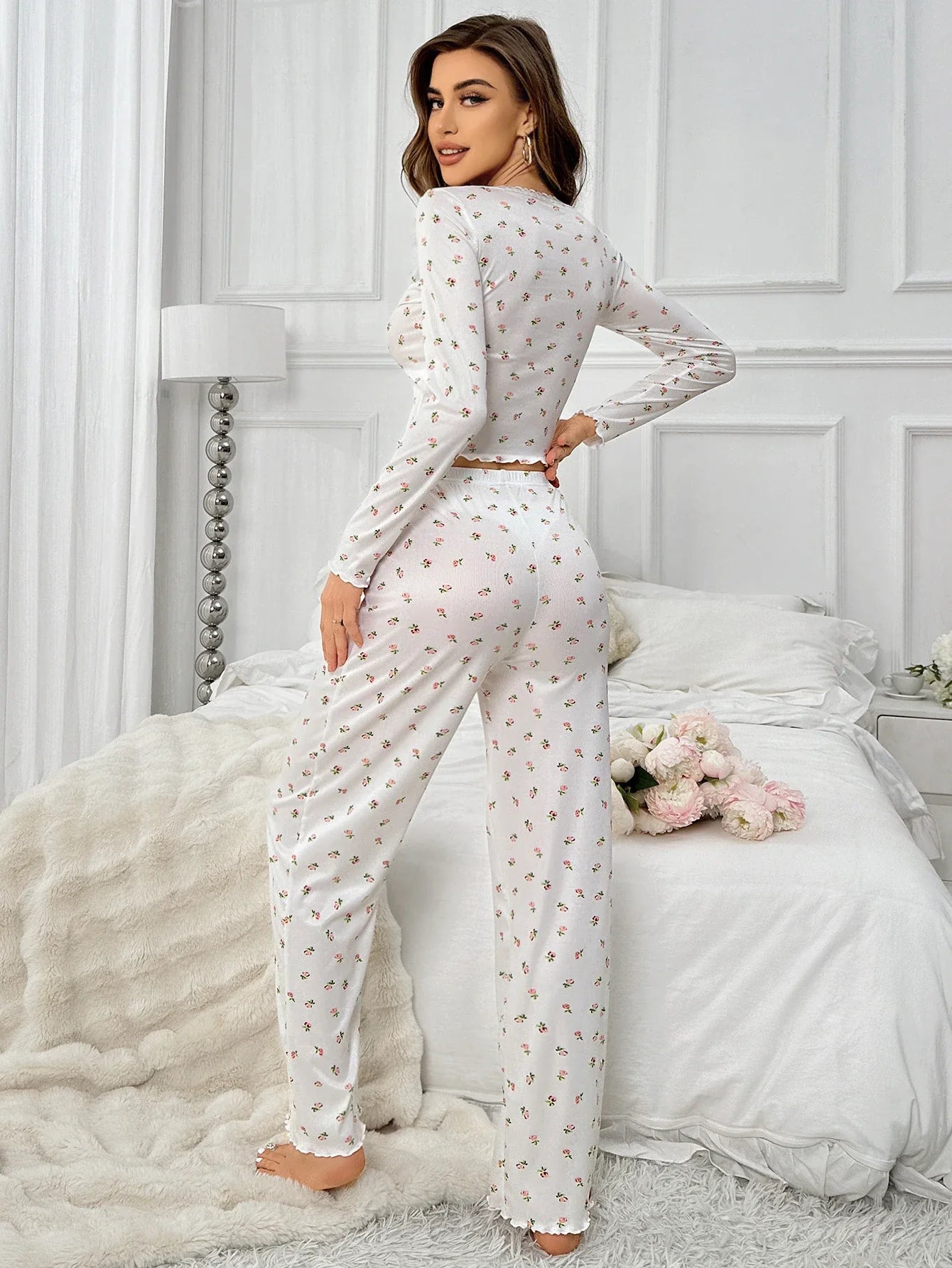 Ensemble pyjama 2 pièces à fleurs pour femmes