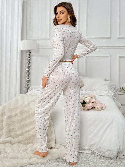 Zweiteiliges Loungewear-Pyjama-Set mit Blumenmuster für Damen