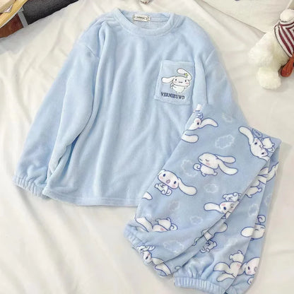 Pajamas- Women's Cozy Fleece Pajamas Velvet Cartoon Sleepwear- Sky Blue- IndioGear Women Clothing