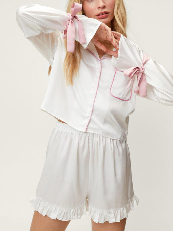 Pajamas- Women's Matching Bow Pajamas Set - Long Sleeve Shirt & Relaxed Shorts- White- IndioGear Fashion and Gear