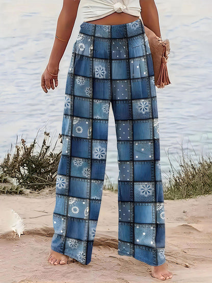 Pants- Artistic Boho Patchwork Pants with Elastic Waistband- Blue- IndioGear Women Clothing