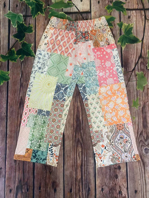 Pants- Artistic Boho Patchwork Pants with Elastic Waistband- - IndioGear Women Clothing