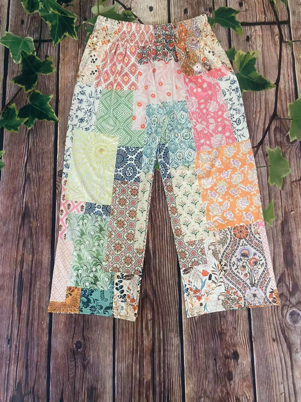 Pants- Artistic Boho Patchwork Pants with Elastic Waistband- - IndioGear Women Clothing