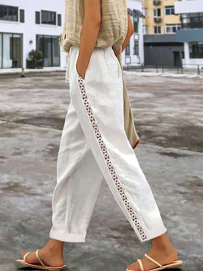 Pants- Comfy Boho Linen Pants with Geometric Trims- - IndioGear.com