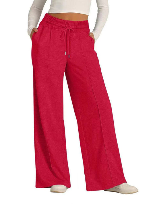 Pants- Comfy Wide Waistband Lounge Trousers Wide-Leg Pants- Red- IndioGear.com