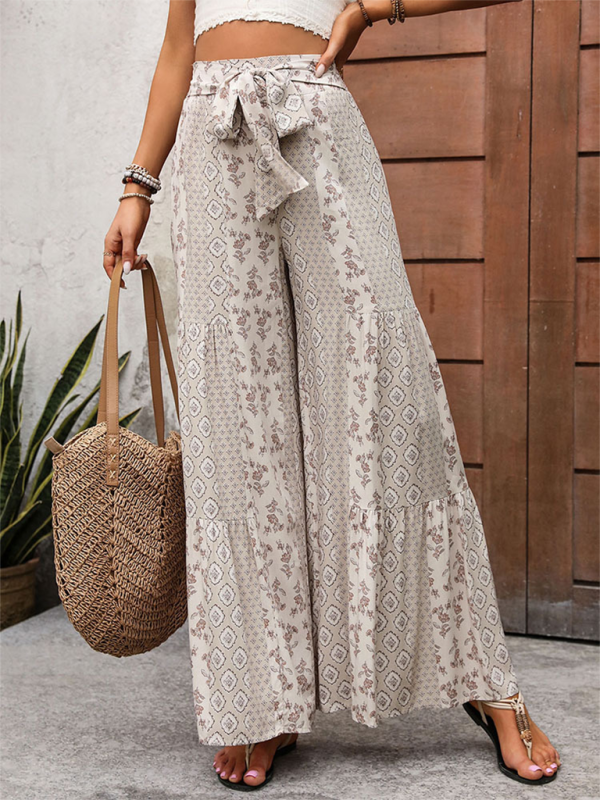 Pants- Floral Boho Wide-Leg Pants with Belted Palazzo Style- - IndioGear Fashion and Gear