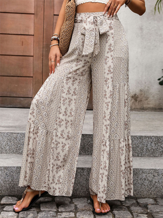 Pants- Floral Boho Wide-Leg Pants with Belted Palazzo Style- Cracker khaki- IndioGear Fashion and Gear