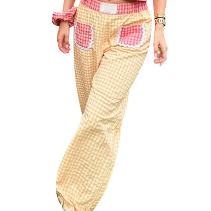 Pants- Gingham Baggy Pants Lace-Trimmed Flowy Trousers- Yellow- IndioGear Women Clothing