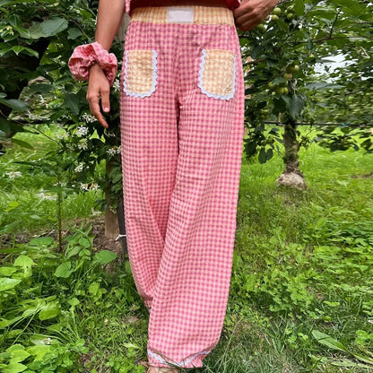 Pants- Gingham Baggy Pants Lace-Trimmed Flowy Trousers- - IndioGear Women Clothing