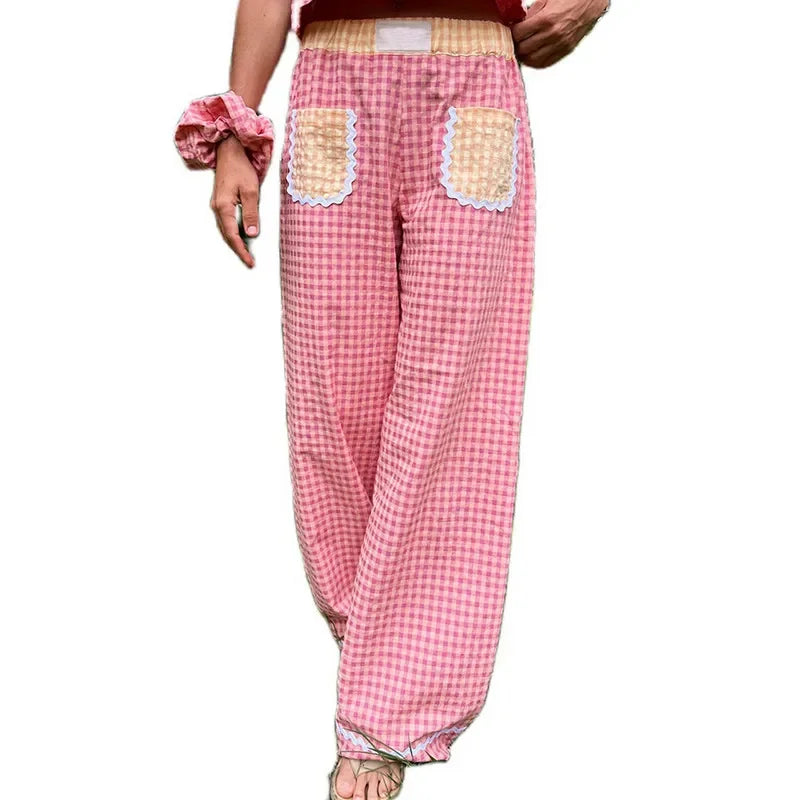 Pants- Gingham Baggy Pants Lace-Trimmed Flowy Trousers- Pink- IndioGear Women Clothing