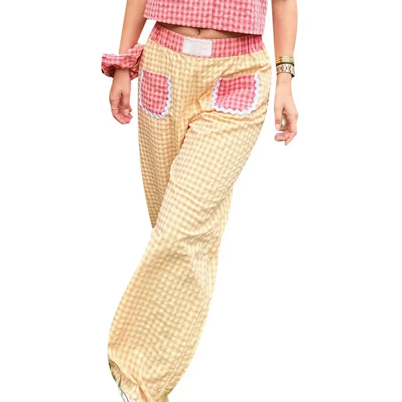 Pants- Gingham Baggy Pants Lace-Trimmed Flowy Trousers- - IndioGear Women Clothing