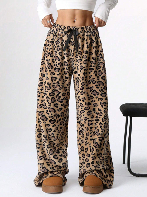 Pants- Leopard Lounge Pants Wide Leg Animal Print Trousers- - IndioGear Women Clothing