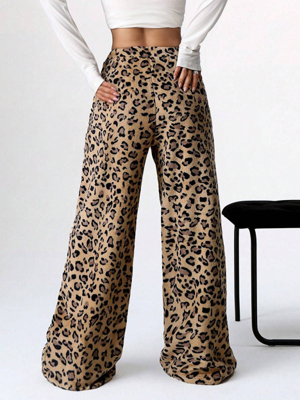 Pants- Leopard Lounge Pants Wide Leg Animal Print Trousers- - IndioGear Women Clothing